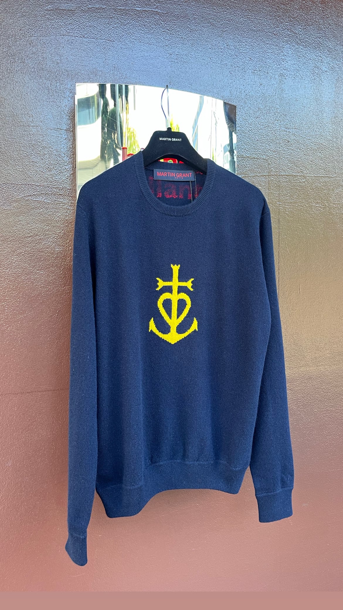 MARTIN GRANT -Crew Neck Cashemere Sweater- : NAVY/YELLOW,