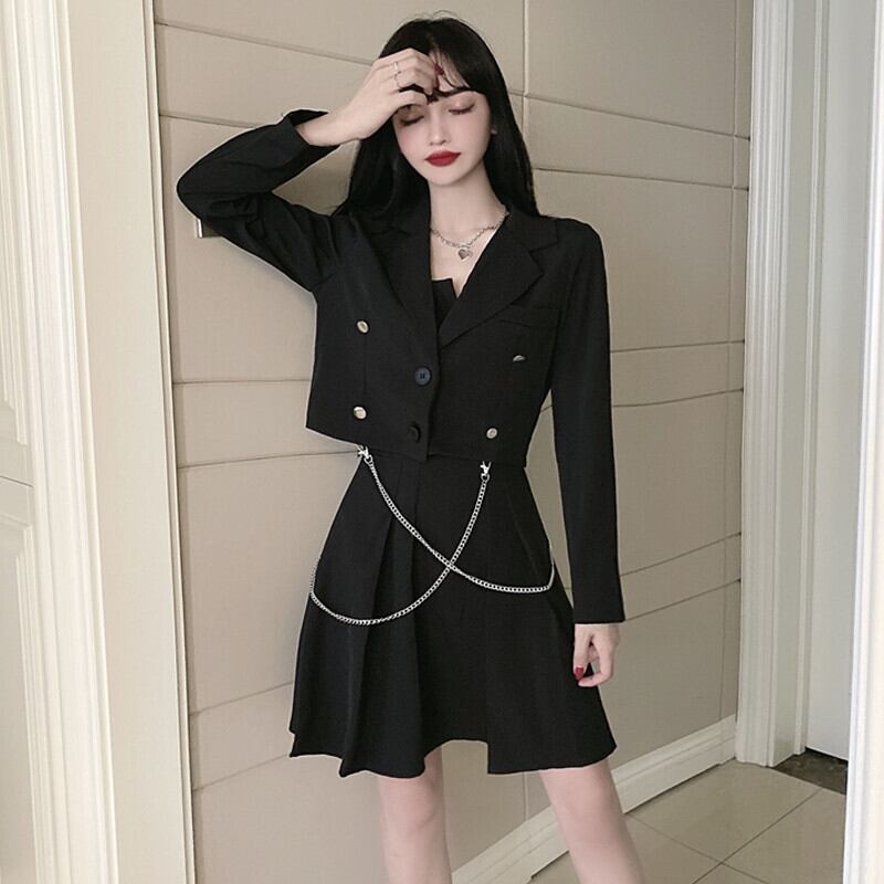 スカート オータムスタンダードショートジャケット ブラックドレス レトロ 大人ガーリー スウィート キュート カジュアル 秋物 ガールズファッション75809616445