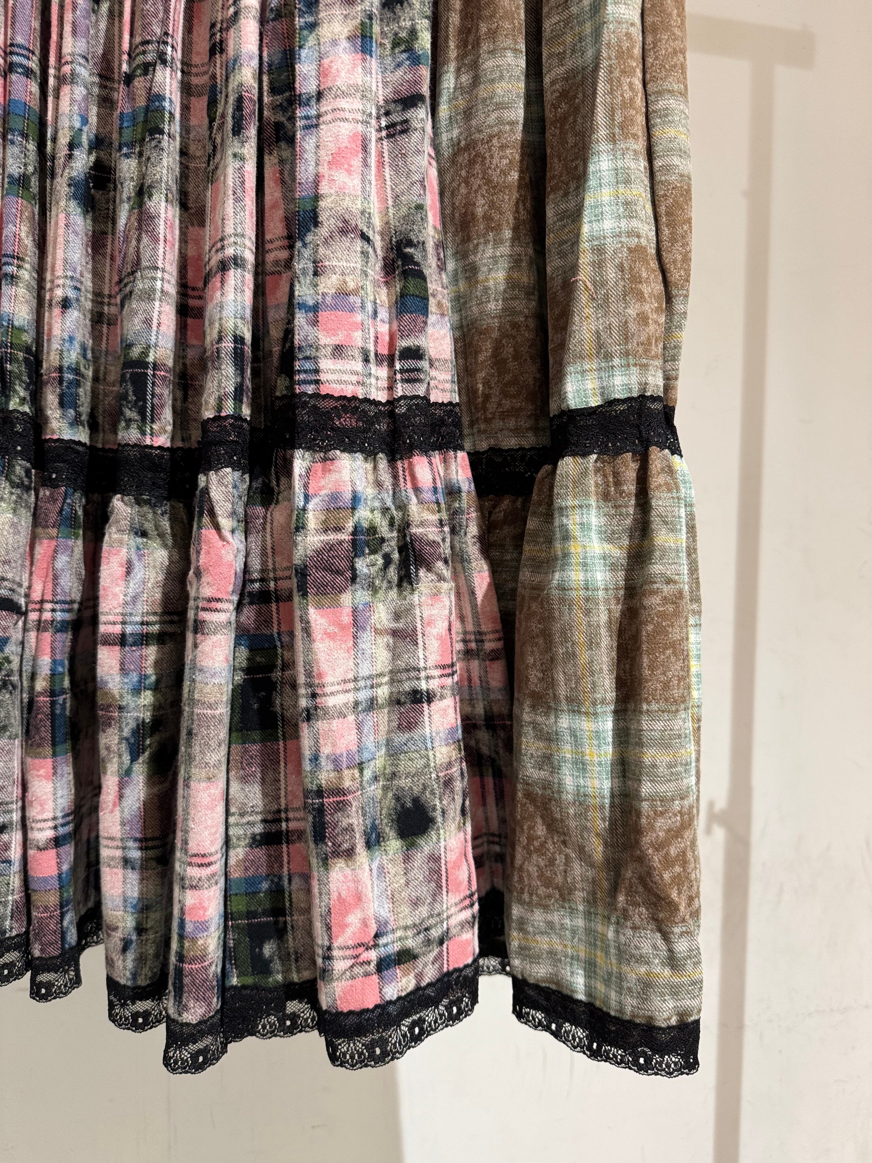 check lace tiered flare skirt