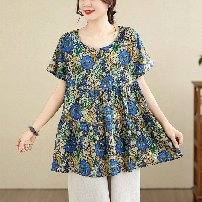 FLORAL PRINT RELAXED LINEN SHORT SLEEVE TOP M-17637