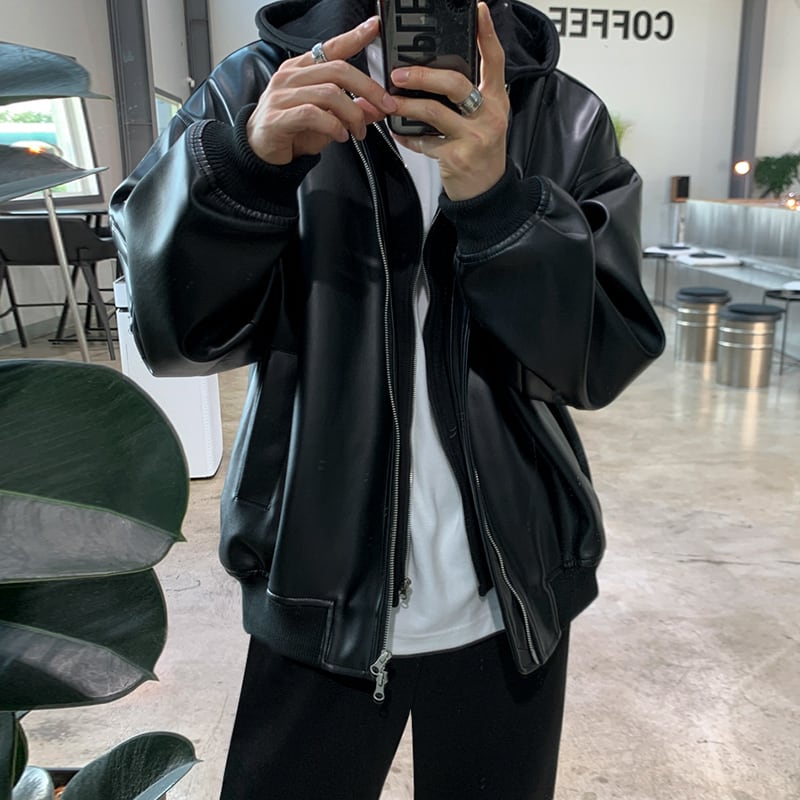 フェイクレイヤード|フード付き|PUレザージャケット m0048