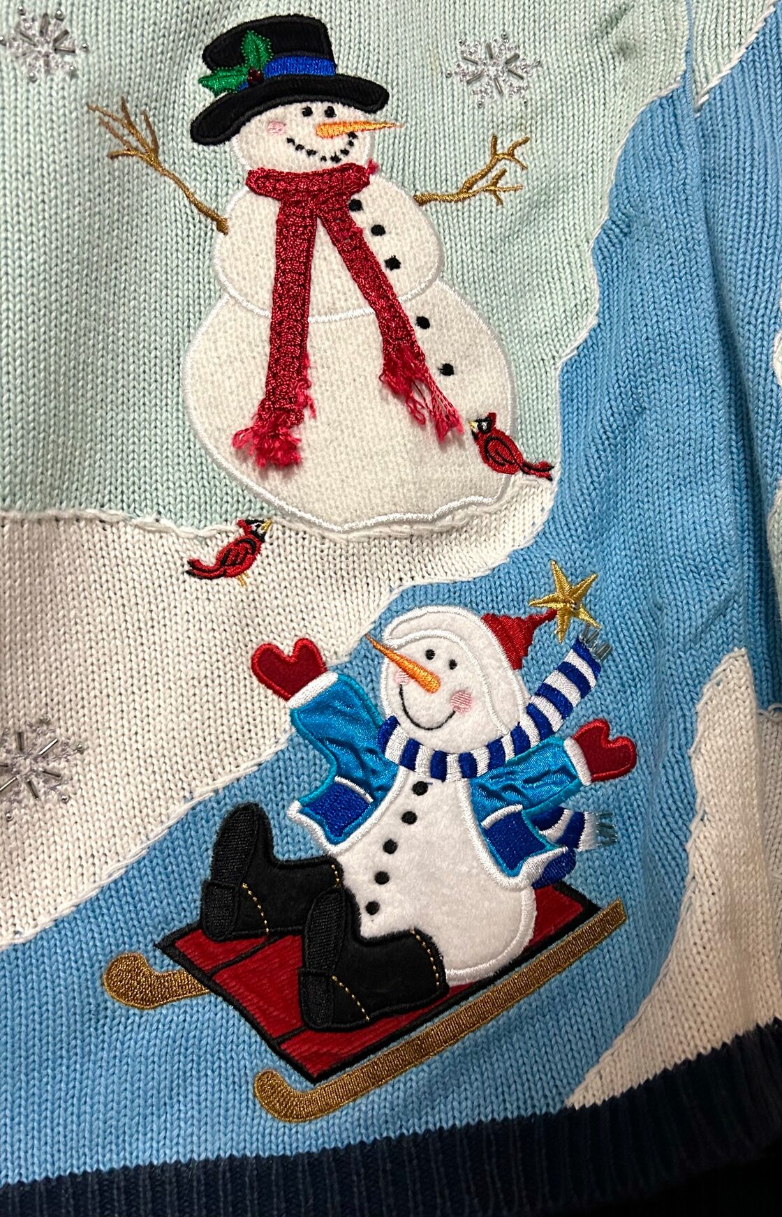 スノーマン 雪だるま ニット セーター カーディガン 紺 ネイビー 刺繍 