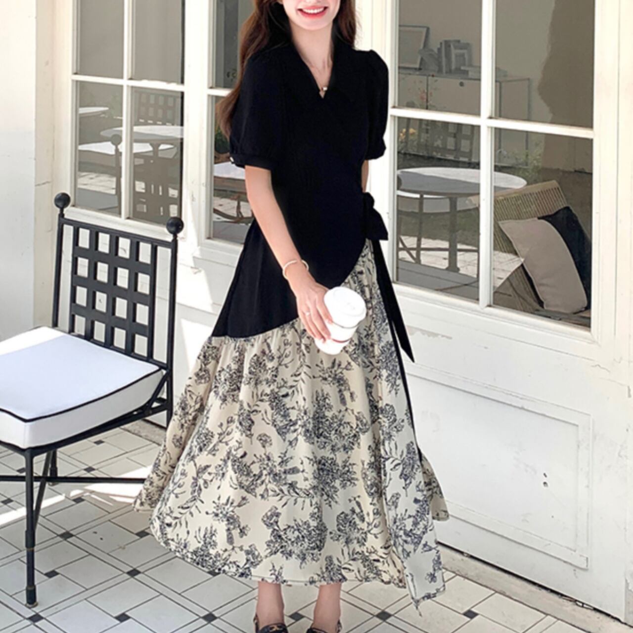 切り返し プリント フレア ワンピース