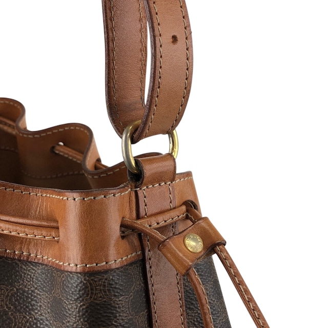 CELINE セリーヌ マカダム ショルダーバッグ ブラウン ブラゾン型押し PVC 巾着 vintage ヴィンテージ オールド 8s5hbf