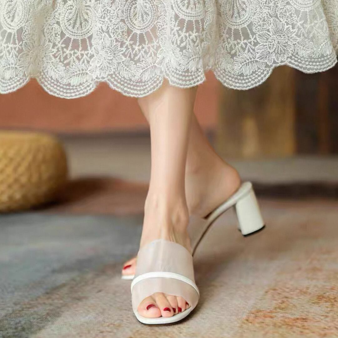 Tulle material chunky heels mule 00196