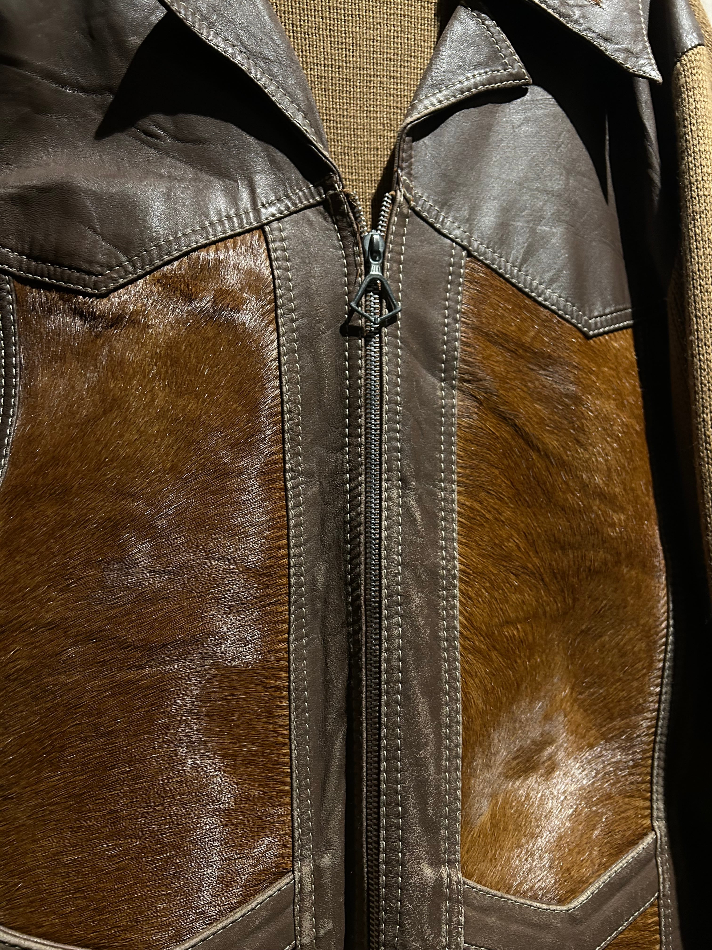 【中古】ヴィンテージ VINTAGE 70s ハラコレザー × ニット ジップアップ ジャケット ブラウン UNBORN CALF a.k.a.C.a.k.a vintage】70's Unborn Calf × Leather Switching