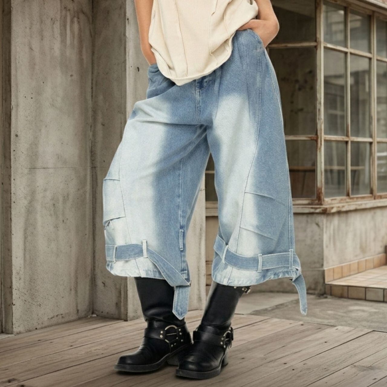 ウォッシュドパネルディテールベルトヘムデニムパンツ 1col R02561