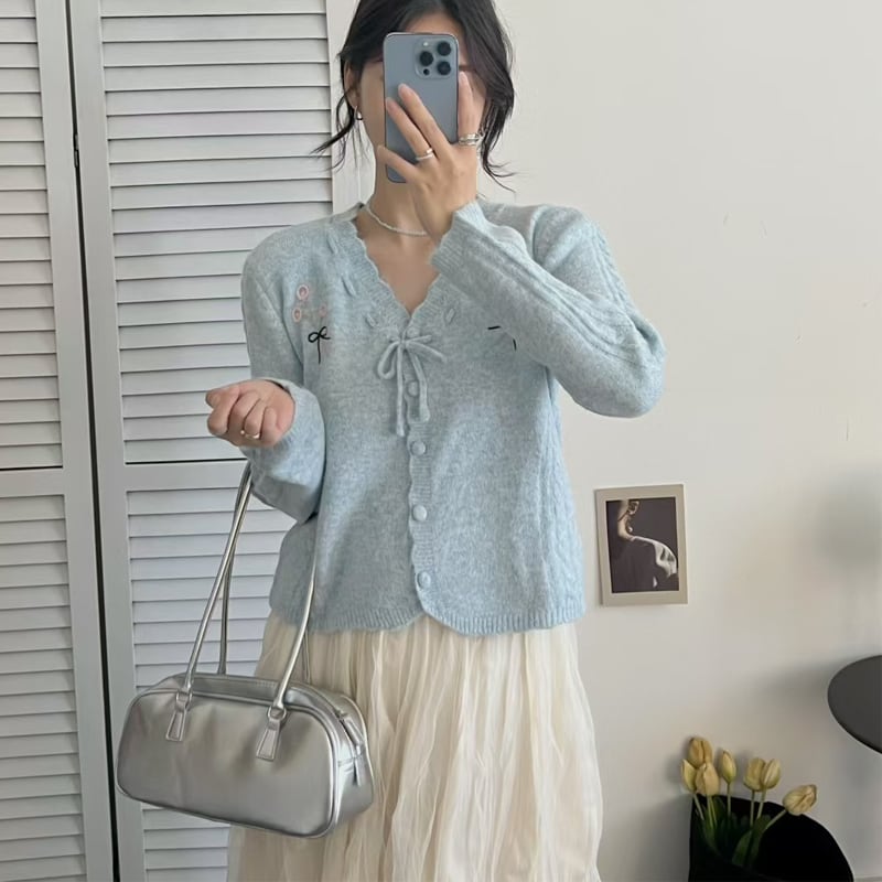 【outer】リボン付きカーディガン Q6542