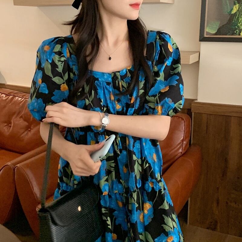 ラウンドネックスリーブドレス サマースタイルウェストスリムショートスカート 夏物 Oネック ビッグFスモールZ韓国86812315300