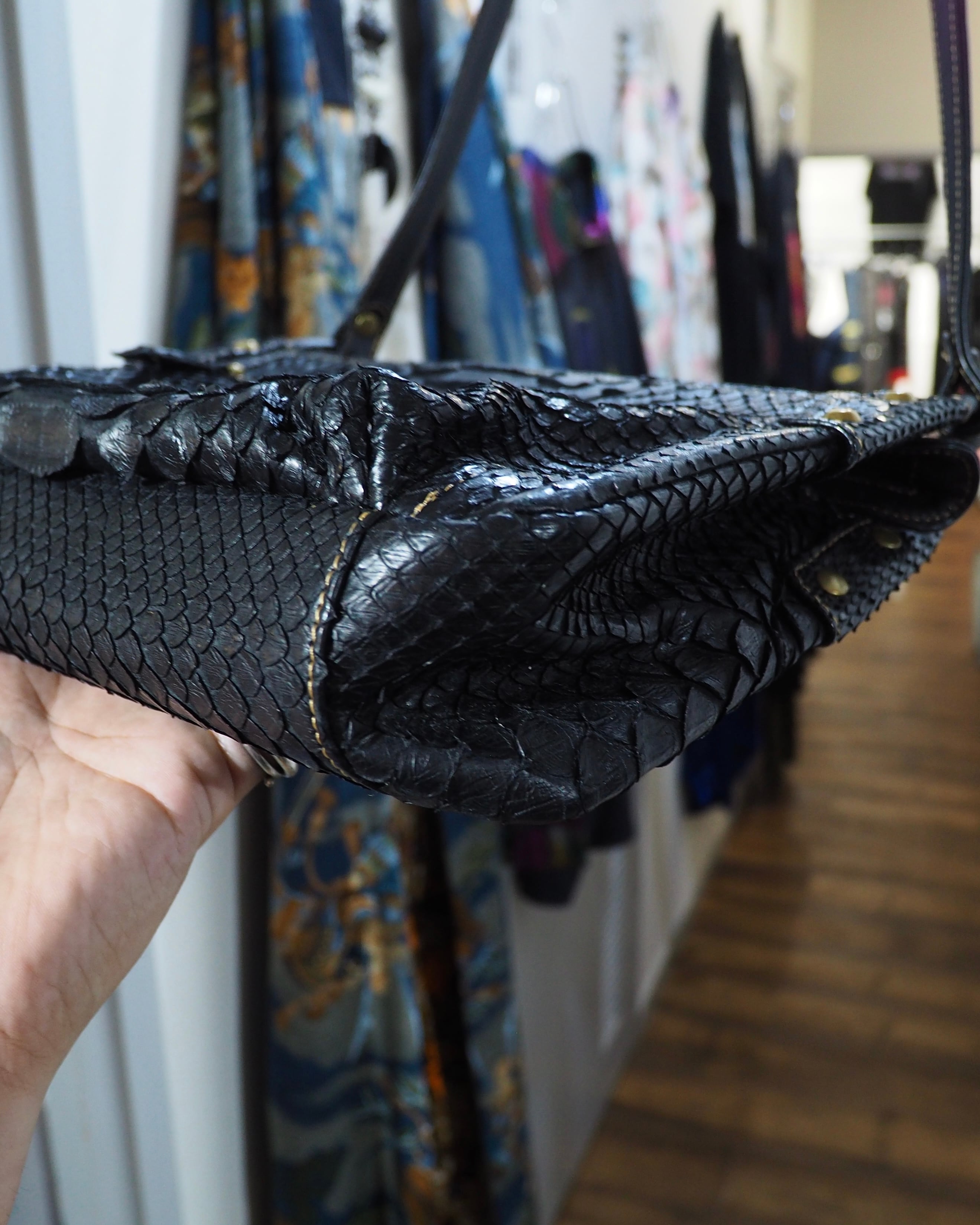 1990s ” MONTOWA ” Black Python leather Weaving vintage Shoulder Bag
