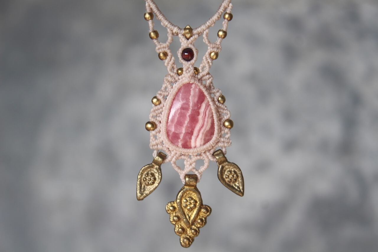 Rhodochrosite   micro macrame  necklace