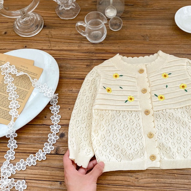 【BABY】フラワー刺繍透かし編みニットカーディガン - 15