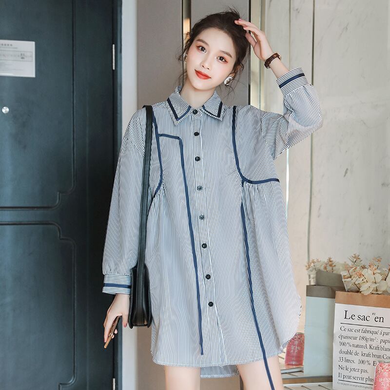 【新作】【送料無料】 マタニティウェア2020秋と冬の新しいストライプのパフスリーブラペルドレス、年齢を減らすミドル丈のファッションマタニティドレス-アリババ オータム 秋物 ウィンター 冬物 expec255196712962