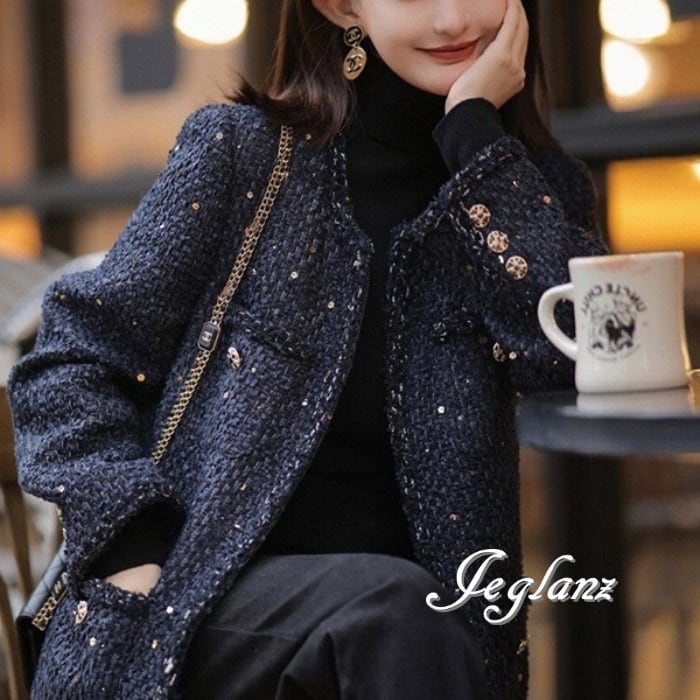 ツイード ニット ジャケット トリミング 金ボタン クラスアップ感(MA975)τ
