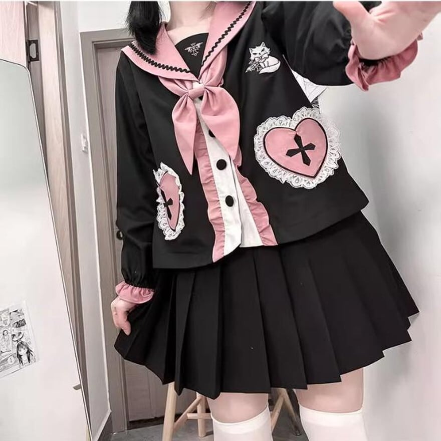 セットアップ 制服 セミロリ アップリケ JKファッション 甘め 闇