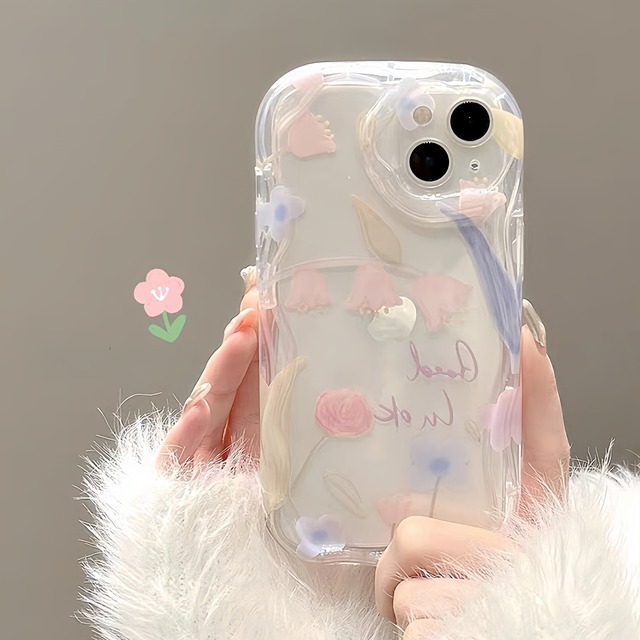 春クリアカラー◎かわいい花柄 うねうね 耐衝撃クッション ウェーブフレーム フラワー柄 透明 スマホケース ND-16066