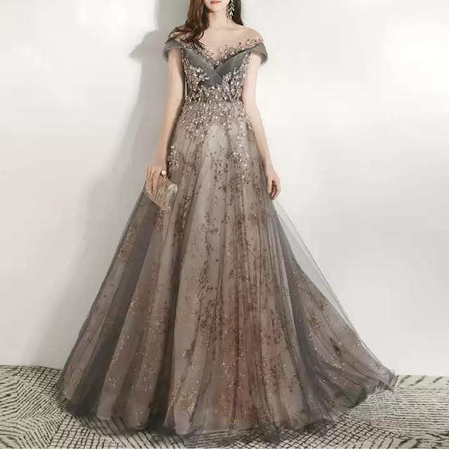 オフショルダースパンコールドレス グレー/パープル/ゴールド/ピンク CL0018