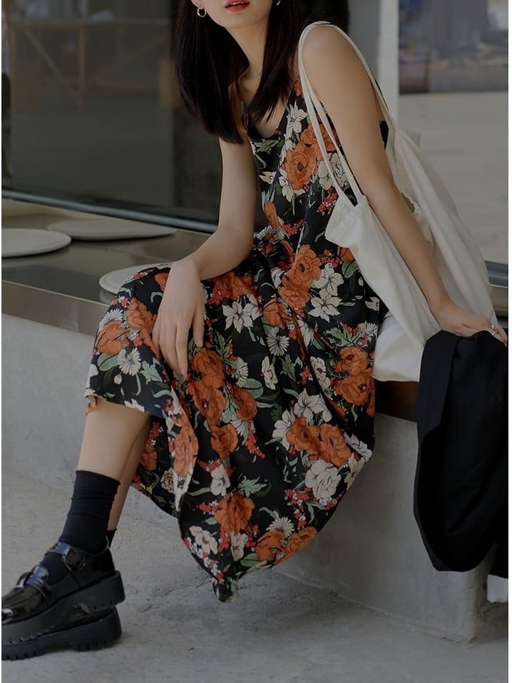 Flower chiffon strap dress*S-190