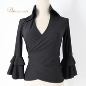 フラメンコ 衣装 トップス ブラウス ブラック系 イチオク 黒 伸縮 ストレッチ 無地 シンプル 襟 フリル リボン ICHIOKU 上品 かわいい ダンス衣装 ステージ イベント オールブラック