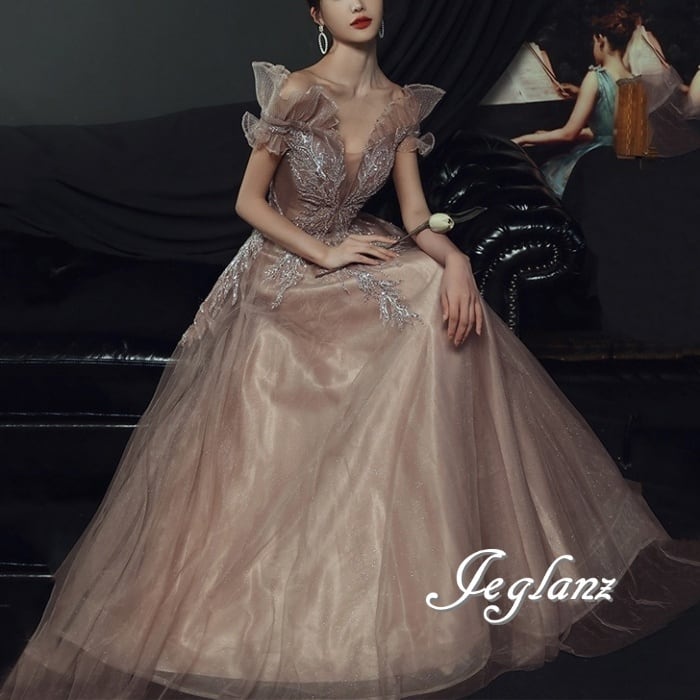 華やか パーティ イブニングドレス 背中 編み上げ ラメ 光沢感 2色(M8652)ζ