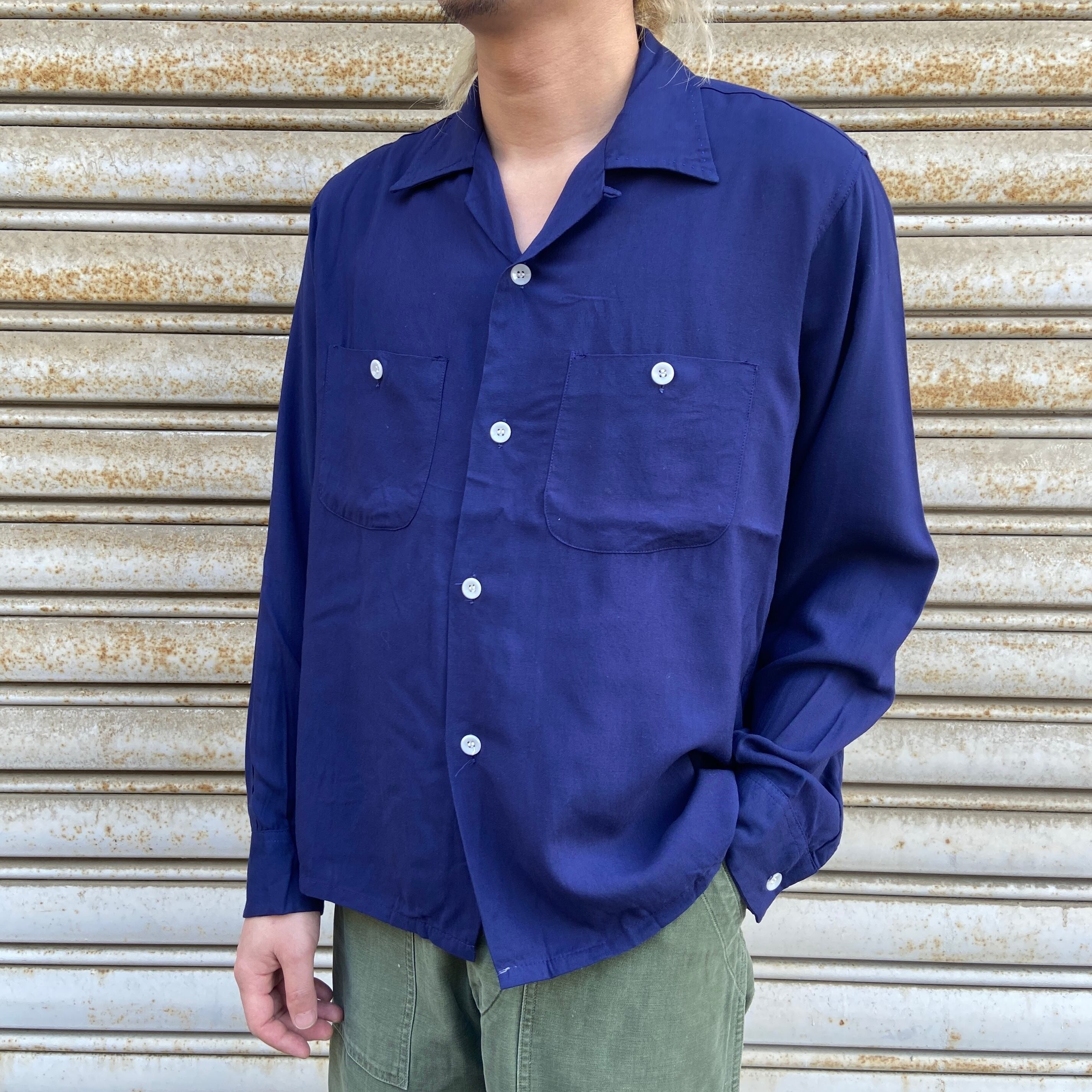 50s Mccall レーヨンシャツ M 長袖 開襟 ネイビー オープンカラー