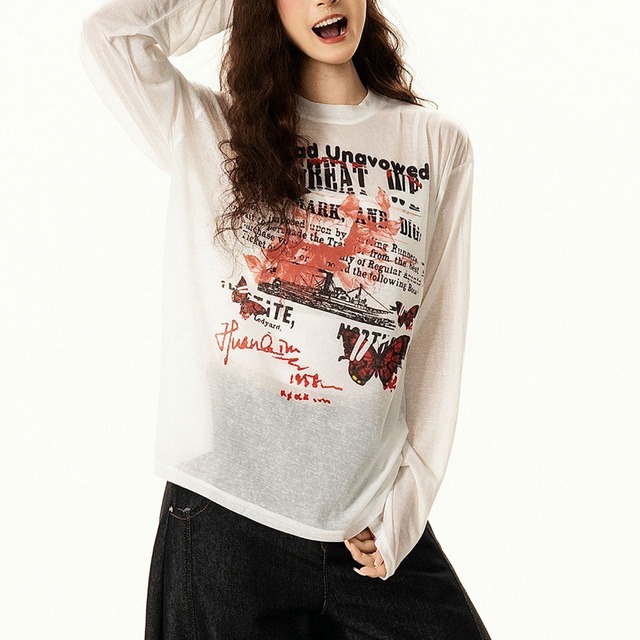 バタフライコラージュグラフィックロングスリーブTシャツ 1col R02568