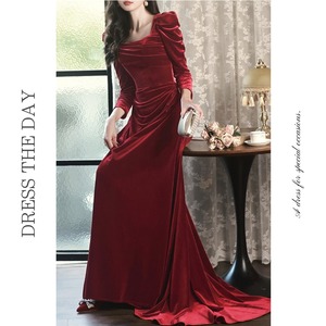 ベルベットスクエアネックフィッシュテールドレス D0208