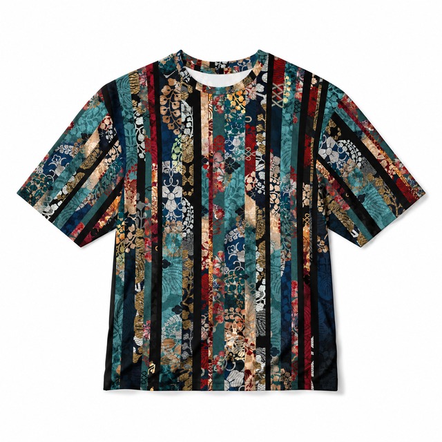 和紋様装飾ストライプ　ブルー　和柄ユニセックス 180G Performance Tシャツ