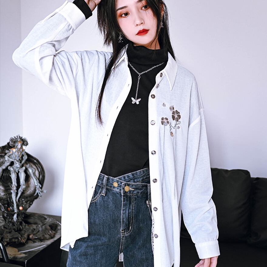 サブカル 服 地雷系 通販 チャイナ風服 チャイナ風服 古怪舎 シャツ 長袖 梅 花柄 刺繍 中華服 チャイナ服 普段使い