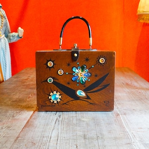 60s Enid Collins bird × flower wood box bag