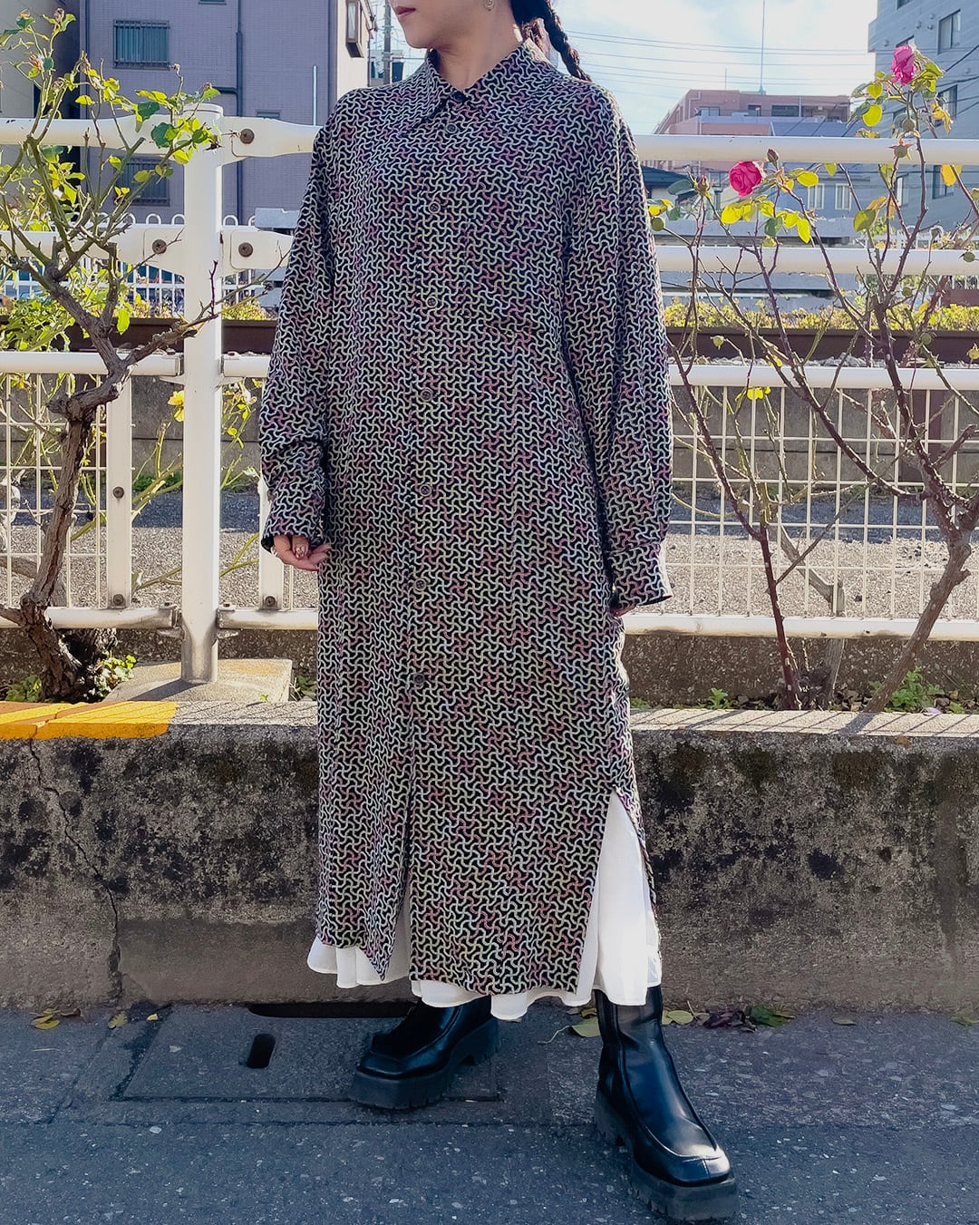 CHIRIMEN shirt long dress / hk.w-d.2301 / 総柄 シャツ ワンピース