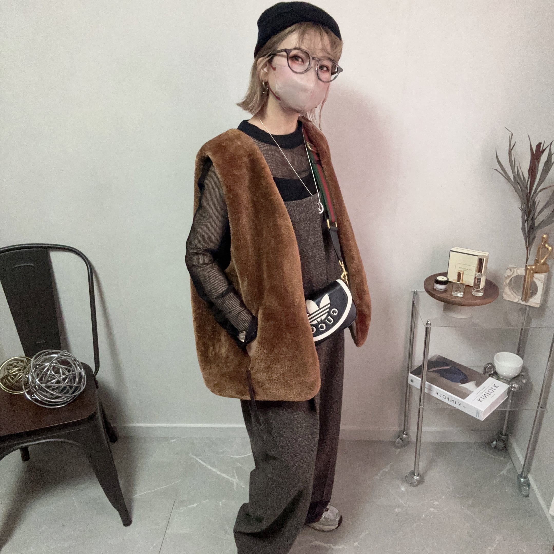 tweed bare salopette【Brown】