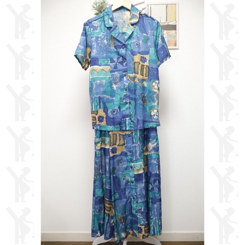 Whole Pattern Silk Shirt&Skirt Set Up Blue