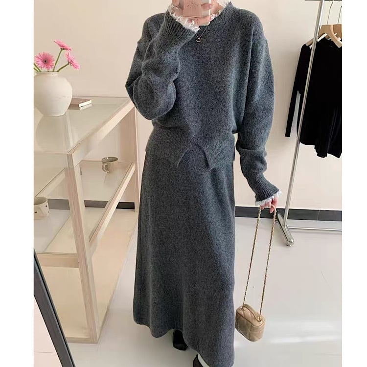 レーストリム 長袖 ミモレ丈 ニットトップス・スカート2点セット YH9886