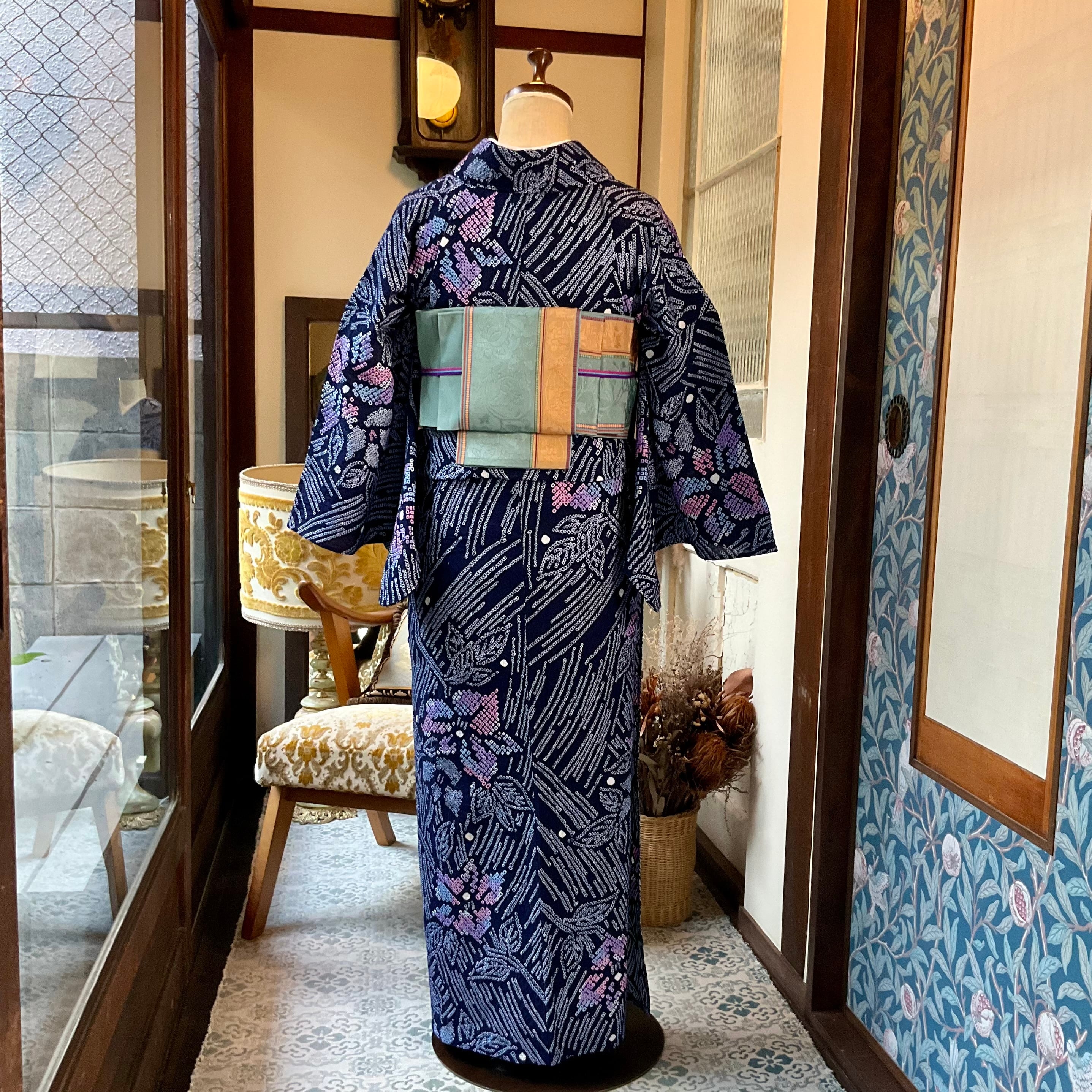 夏宵モザイク＊花 藍 ネイビー 紺 有松鳴海絞り浴衣 B675 | kimono tento