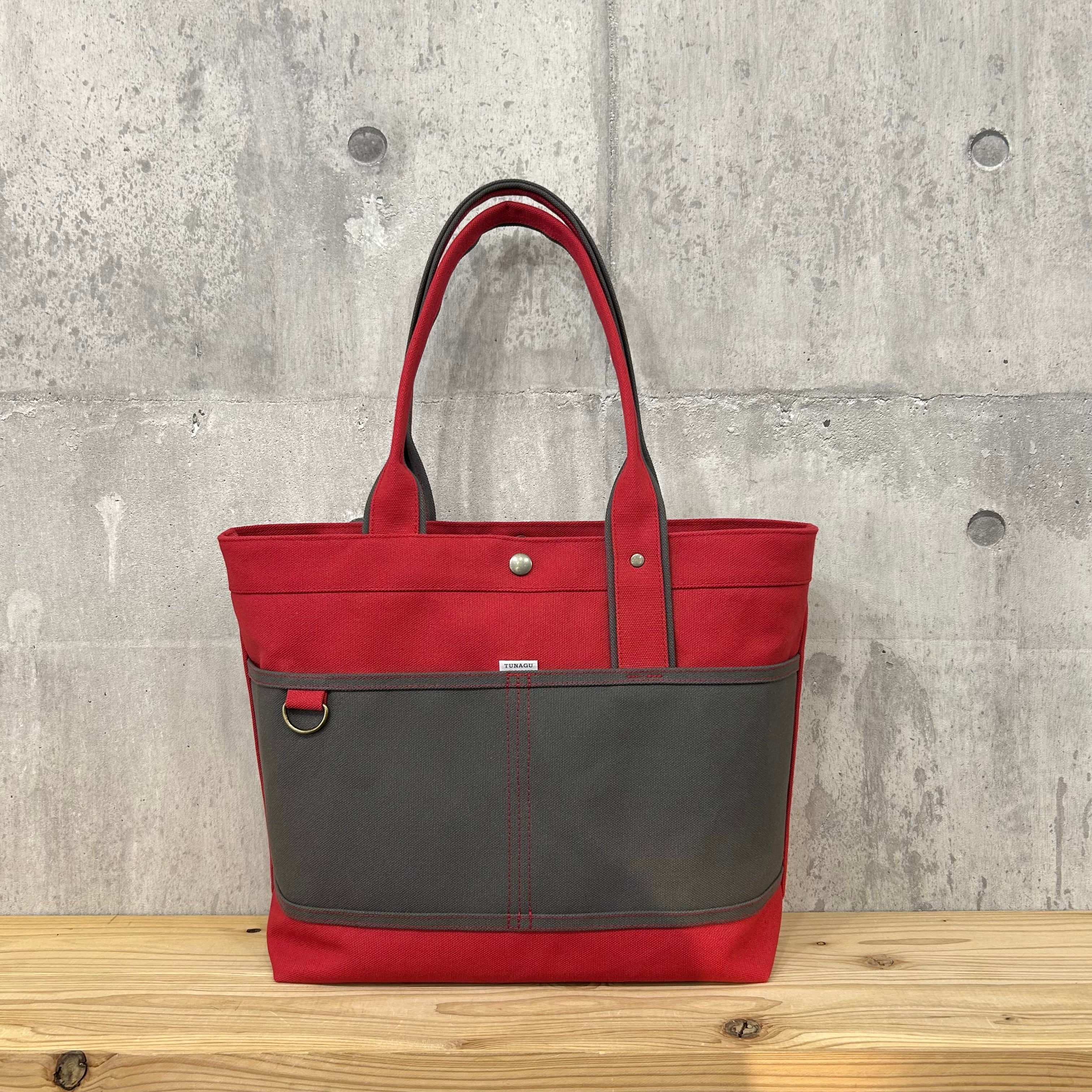 Bi Color Tote "L" / 内ポケット×5付 【濃赤×アスファルトグレー】