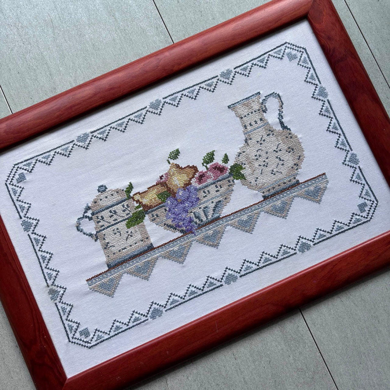 刺繍額もの　キッチン雑貨刺繍　木製フレーム　ポット　ボール　ピッチャー　フルーツ　12oter19　