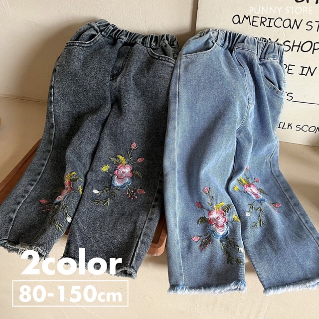 《取寄》 フラワー刺繍デニムパンツ （全２色） QQMM 2023秋 韓国子供服 ジーパン ジーンズ