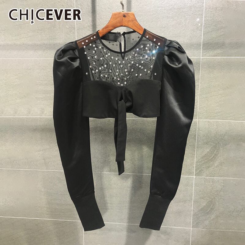 CHICEVERセクシーなパッチワークショートブラウス女性Oネックパフ長袖メッシュダイヤモンドウエストレースアップブラウス2020タイド ロング 6base59586866731