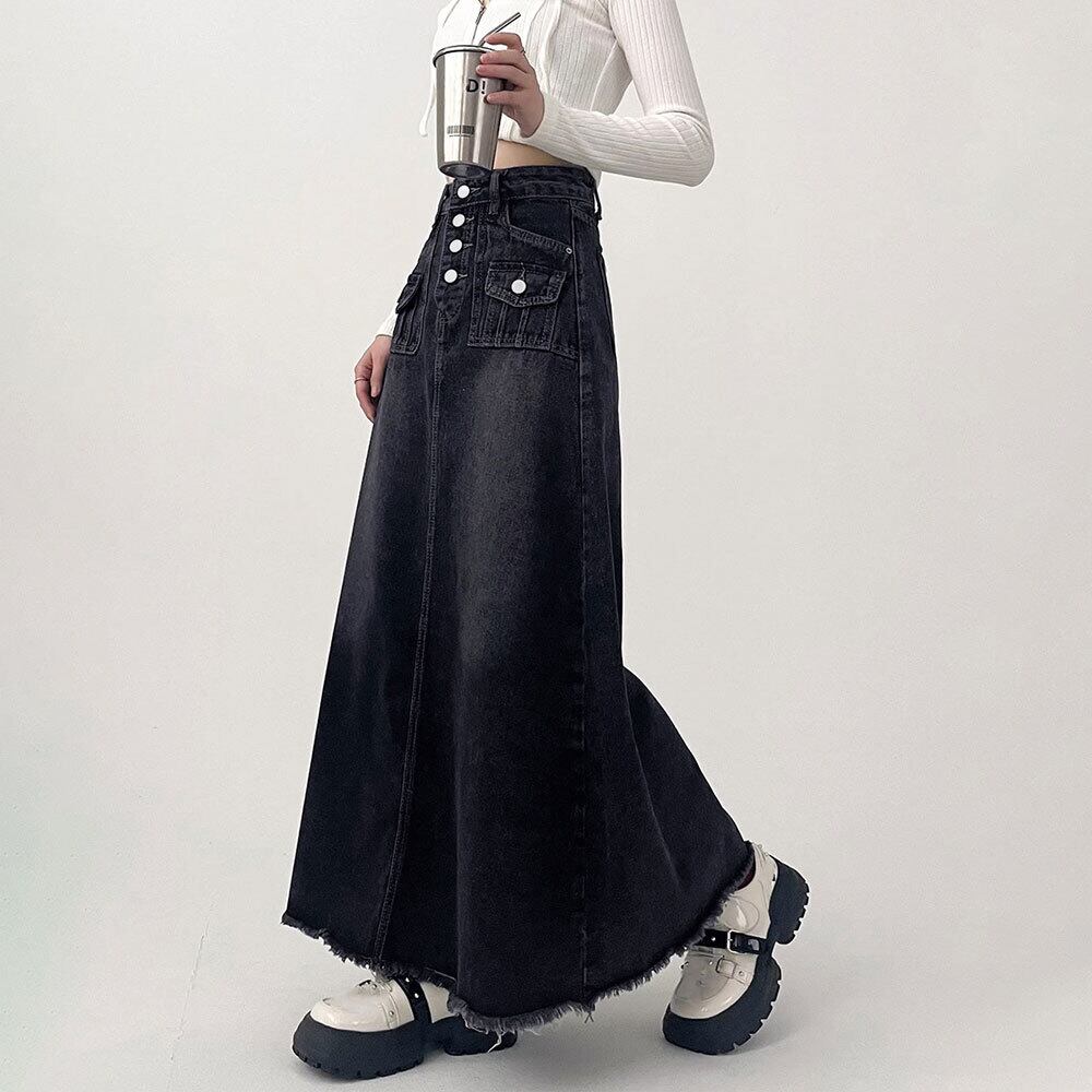 デニム ロングスカート レディース 韓国 ヴィンテージ 大人 カジュアル おしゃれ Aライン ゆったり 体型カバー フリンジ デニムスカート ハイウエスト 大人可愛い 大人女子