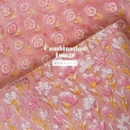 ブロックプリント生地【50cm単位】インド綿 花柄 くすみピンク×イエロー×白 #56124-PK1