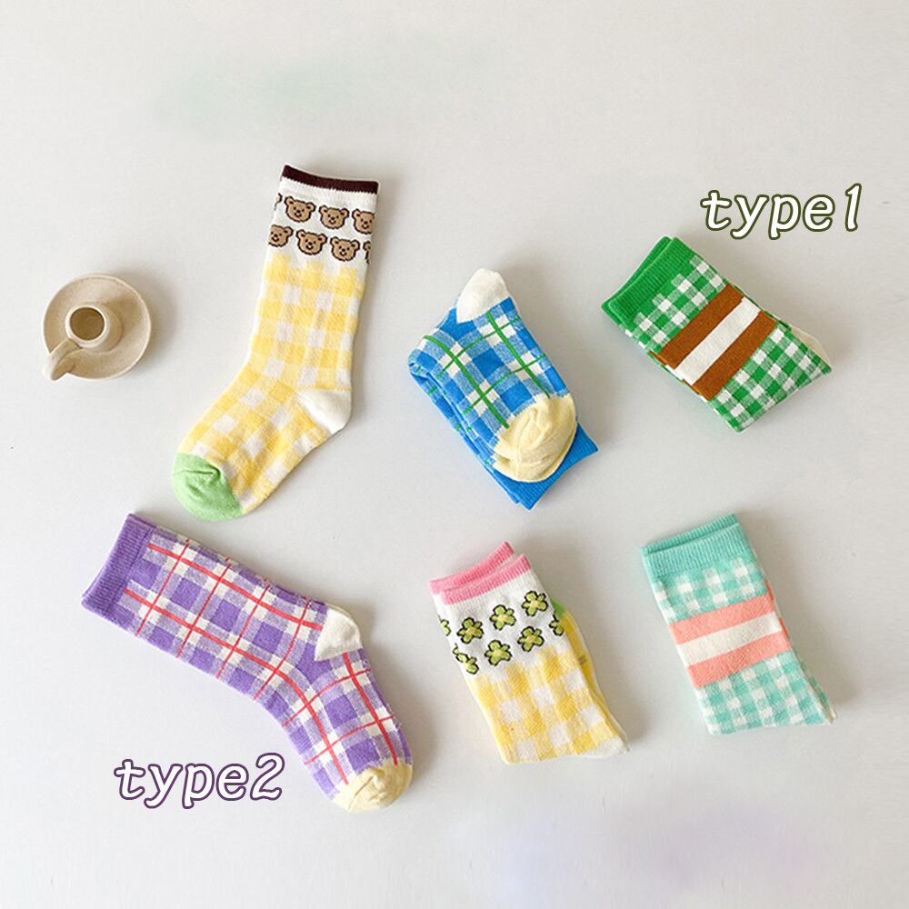 カラフルチェック柄ソックス3足セット KG236 靴下 キッズ 女の子 3点セット カラフル ソックス 3足 set