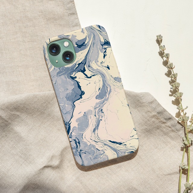 受注生産 iPhoneケース 淡いブルーの水流マーブル｜紙マーブリング MARB045C