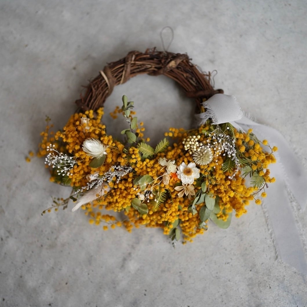 ユーカリ ハーフリース hiba Mimosa, Eucalyptus Small Flower Wreath