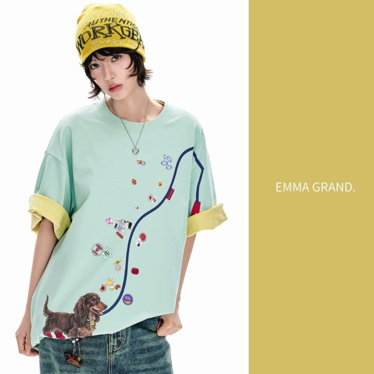 お散歩ダックスが連れていく小さな街角オーバーTシャツ  E00668