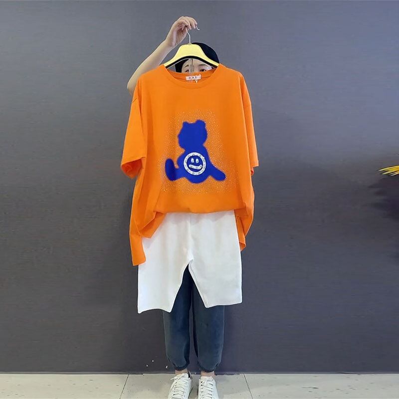 ラウンドネックパターンTシャツ サマールーズトップス 大きめサイズ 夏物 Oネック ミックスインファッション22730222453