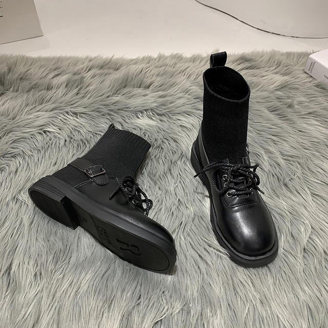 ショートブーツオータムウィンタースタイルブラックストレッチソックス レッド薄手 靴 シューズ エラスティック 伸縮 秋物 冬物 ラウンドトー タイツ ストッキング フェイクシューズ55465583726