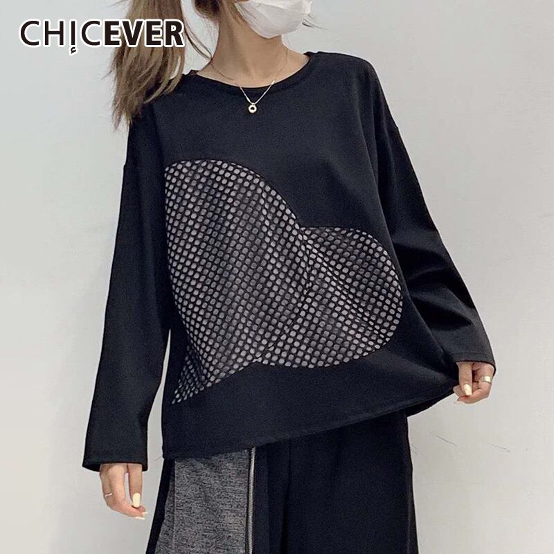CHICEVERパッチワークメッシュTシャツレディースOネック長袖ホローアウトヒットカラーブラックストリートTシャツ2020服 ロング 6base566133118693