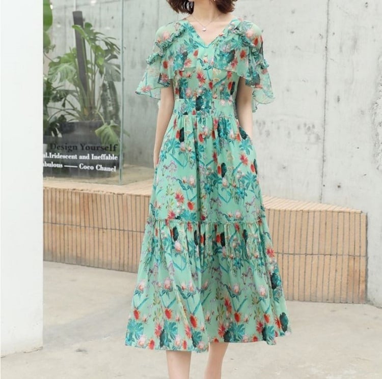 DABUWAWA シフォンワンピース ドレス ロング フレア 花柄 全2色 シフォンワンピース ドレス ロングワンピース 花柄 ケープ