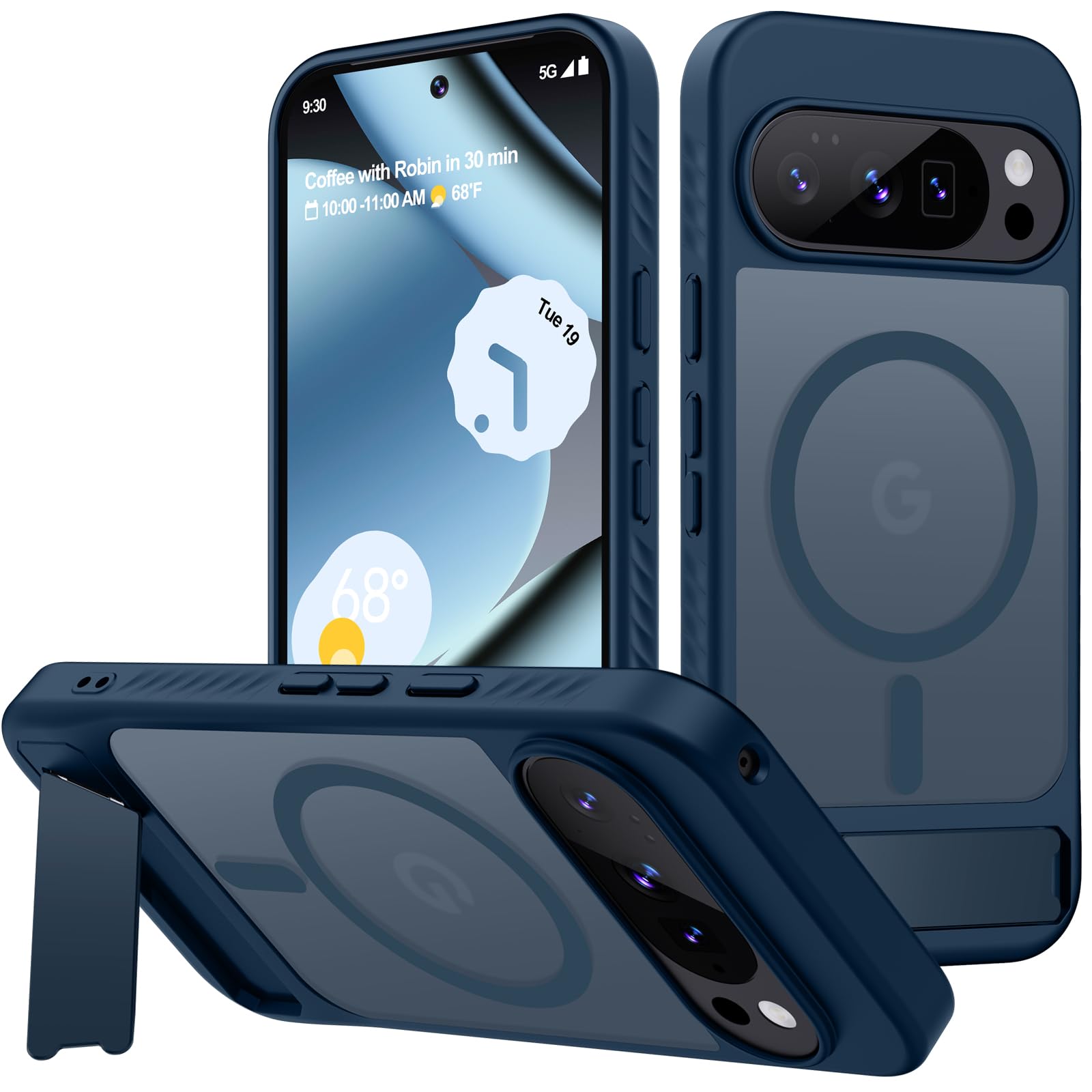 Aunote 対応 Google Pixel9/9 Pro/10/10 Pro ケース MagSafe対応 45°隠しキックスタンド 軍規防摔 耐衝撃 対応 ケース カバー 半透明のマット背面 スマホ Google Pixel9/9 Pro/10/10 Pro カバー ブルー